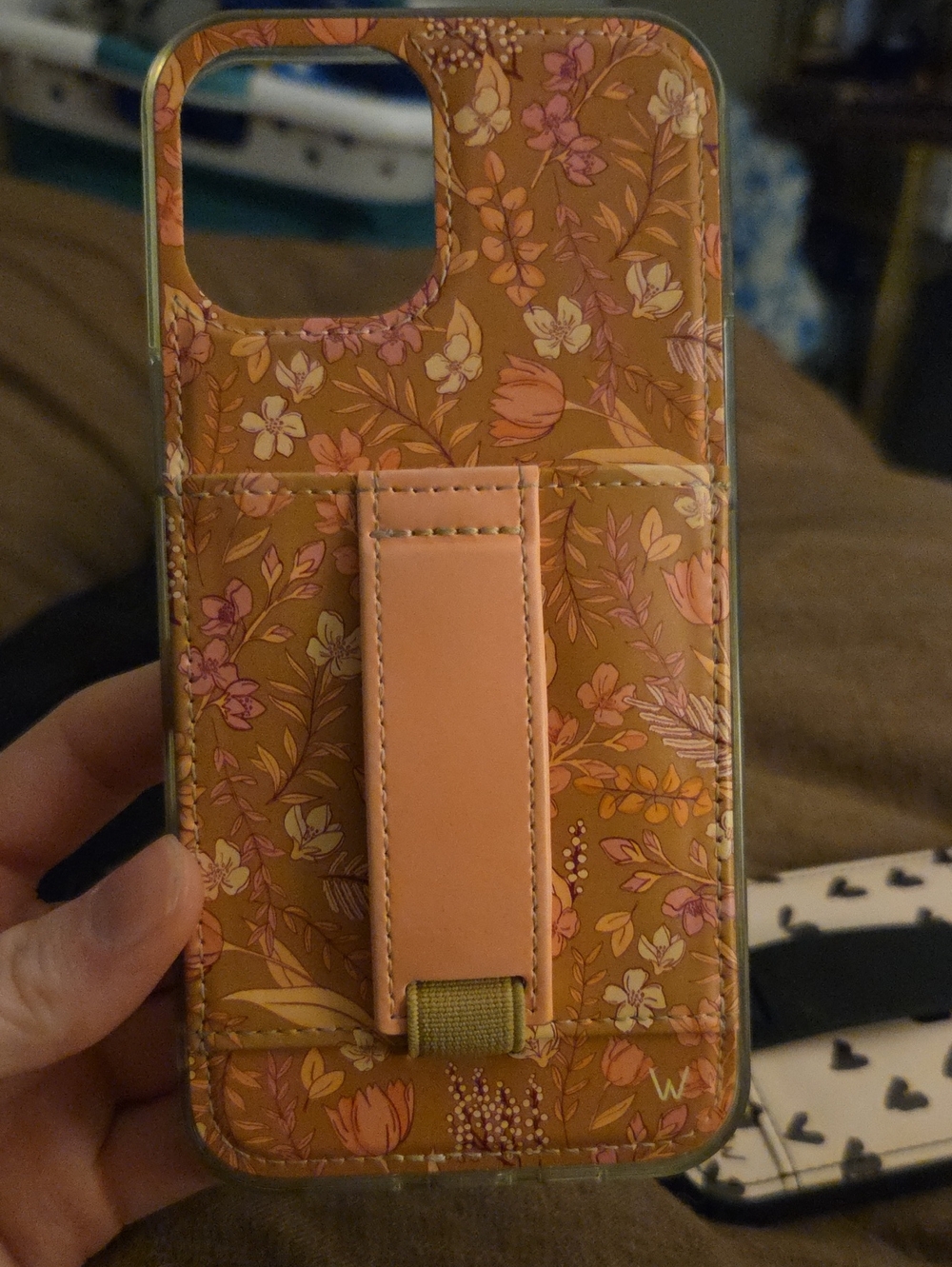 Floral Pink Brown IPhone 12pro Max Card Case with Hand Strap